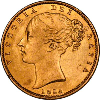 Obverse of 1854 Victoria Shield Sovereign with WW Incuse
