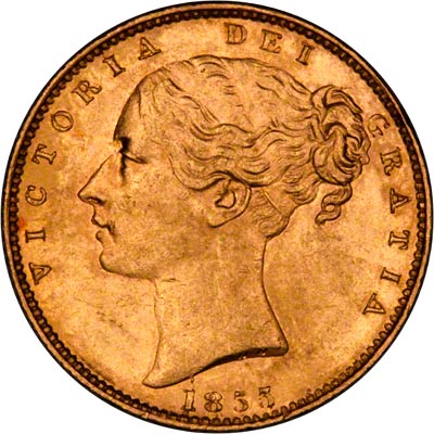 Obverse of 1855 Victoria Shield Sovereign with WW Incuse