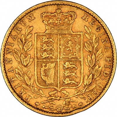 Reverse of 1859 Victoria Shield Sovereign Incuse WW Type