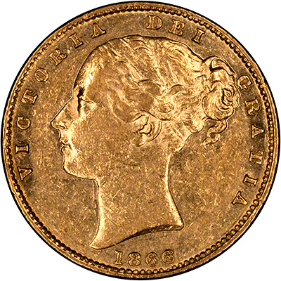 Obverse of 1866 Victoria Young Head Shield Sovereign