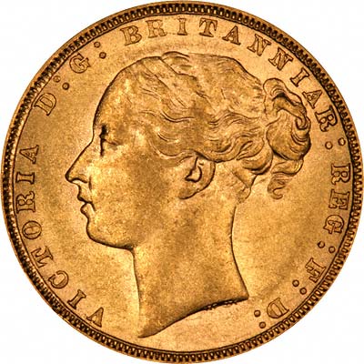Obverse of 1872 London Mint Young Head St. George Reverse Gold Sovereign