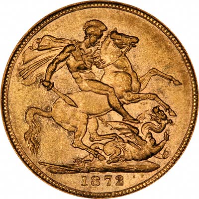 Reverse of 1872 London Mint Young Head St. George Reverse Gold Sovereign