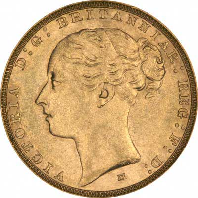 Obverse of 1884 Melbourne Mint Young Head St. George Reverse Gold Sovereign