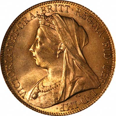 Obverse of Queen Victoria Veiled Head Gold Sovereign