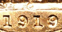 1919 Canada Mint Sovereign Close Up of Date & Mintmark