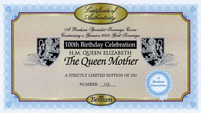 2000 Sovereign - The Queen Mother - First Day Cover Certificate