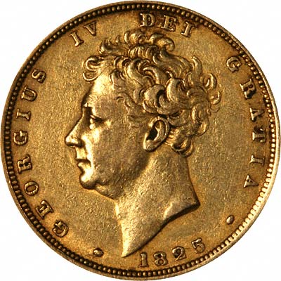 Obverse of 1825 George IV Sovereign Second Issue Bare Head & Shield