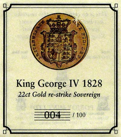 Certificate for 1828 Proof Reproduction Sovereign - Misleadingly Described as a Restrike