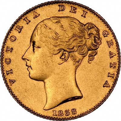Obverse of 1838 Victoria Young Head Sovereign