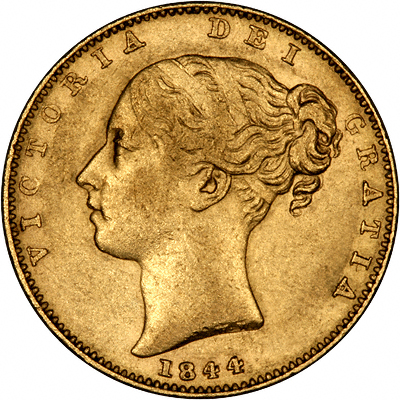 Obverse of 1844 Victoria Shield Sovereign