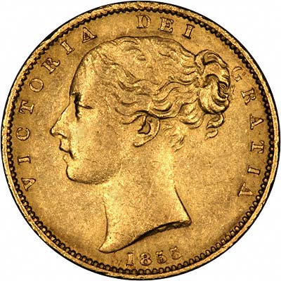 Obverse of 1855 Victoria Shield Sovereign with WW Raised