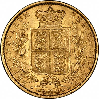 Reverse of 1855 Victoria Shield Sovereign Raised WW Type