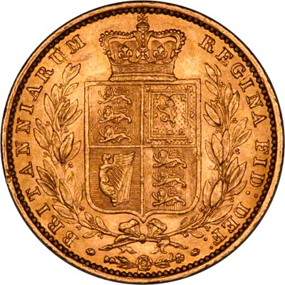 Reverse of 1855 Victoria Shield Sovereign Incuse WW Type