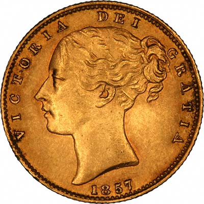 Obverse of 1857 Victoria Shield Sovereign with WW Incuse