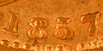 Obverse of 1857 Sovereign - Close Up of Date
