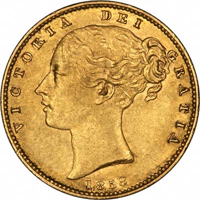 Obverse of 1858 Victoria Shield Sovereign with WW Incuse
