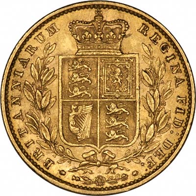 Reverse of 1858 Victoria Shield Sovereign Incuse WW Type