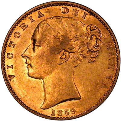 Obverse of 1859 Victoria Shield Sovereign Ansell Type