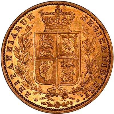 Reverse of 1859 Victoria Shield Sovereign Ansell Type