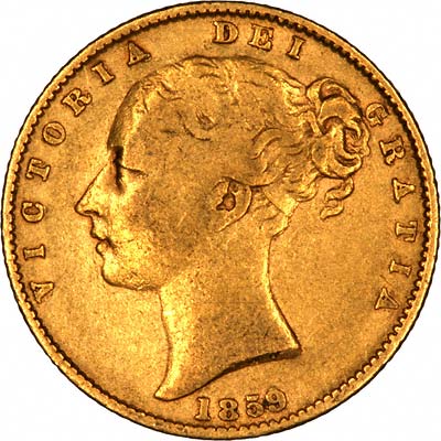 Obverse of 1859 Victoria Shield Sovereign with WW Incuse