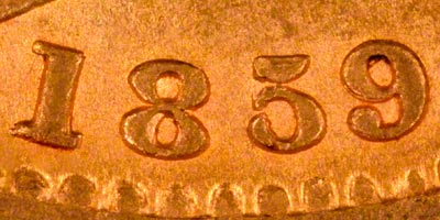 Obverse of 1859 Sovereign - Close Up of Date