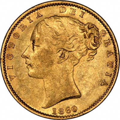 Obverse of 1860 Victoria Shield Sovereign with WW Incuse