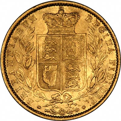 Reverse of 1860 Victoria Shield Sovereign Incuse WW Type