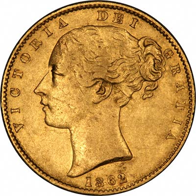 Obverse of 1862 Victoria Shield Sovereign with WW Incuse