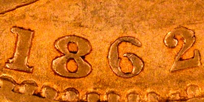 Obverse of 1862 Sovereign - Close Up of Date