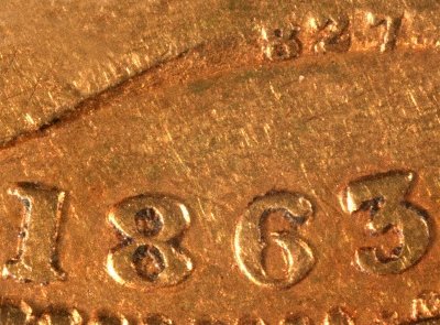 Die Number 827 on Obverse of 1863 Victoria Shield Sovereign