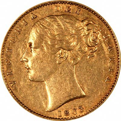 Obverse of 1863 Victoria Shield Sovereign With Reverse Die Number 22, Obverse Die Number 827