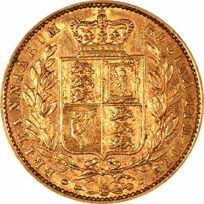 Reverse of 1863 Victoria Shield Sovereign With Die Number