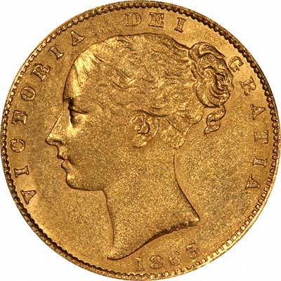 Obverse of 1863 Victoria Shield Sovereign Without Reverse Die Number, Obverse Die Number 827