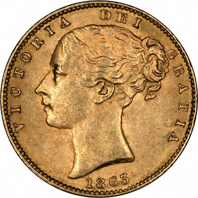 Obverse of 1863 Victoria Shield Sovereign
