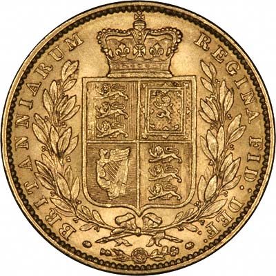 Reverse of 1863 Victoria Shield Sovereign Without Die Number