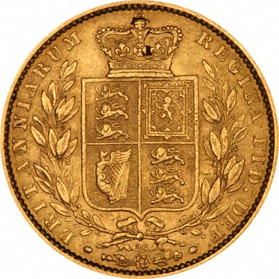 Reverse of 1864 Victoria Shield Sovereign With Die Number