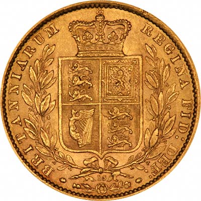 Reverse of 1865 Victoria Shield Sovereign With Die Number