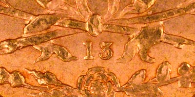 Reverse of 1865 Sovereign - Die Number 13
