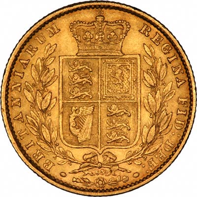 Reverse of 1866 Victoria Shield Sovereign With Die Number 63