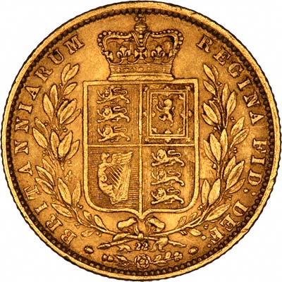 Reverse of 1868 Victoria Shield Sovereign With Die Number 22