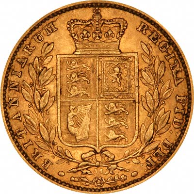 Reverse of 1869 Victoria Shield Sovereign With Die Number