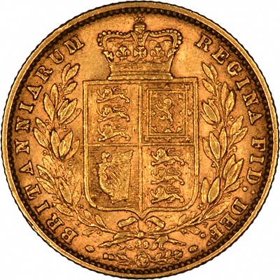 Reverse of 1870 Victoria Shield Sovereign With Die Number