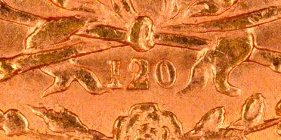 Reverse of 1870 Sovereign - Die Number 120