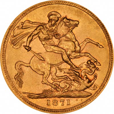 Reverse of 1871 London Mint Young Head St. George Reverse Gold Sovereign