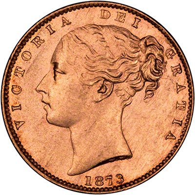 Obverse of 1873 Victoria Shield Sovereign - Die Number 9