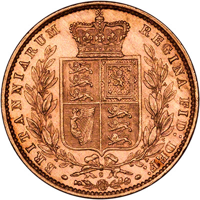Reverse of 1873 Victoria Shield Sovereign - Die Number 9