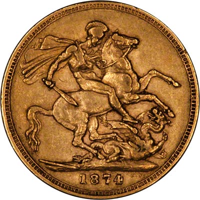Reverse of 1874 Young Head St. George Reverse Melbourne Mint Gold Sovereign