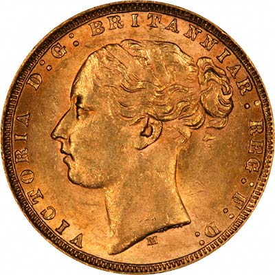 Obverse of 1875 Melbourne Mint Young Head St. George Gold Sovereign