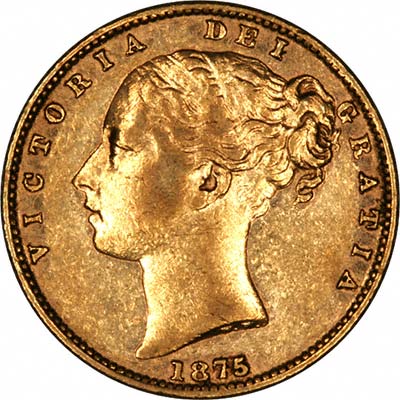 Obverse of 1875 Sydney Mint Victoria Shield Sovereign