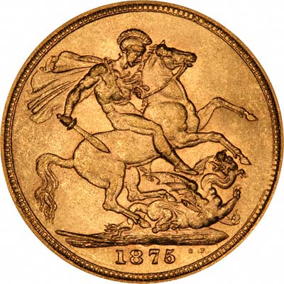 Reverse of 1875 Sydney Mint Young Head St. George Gold Sovereign